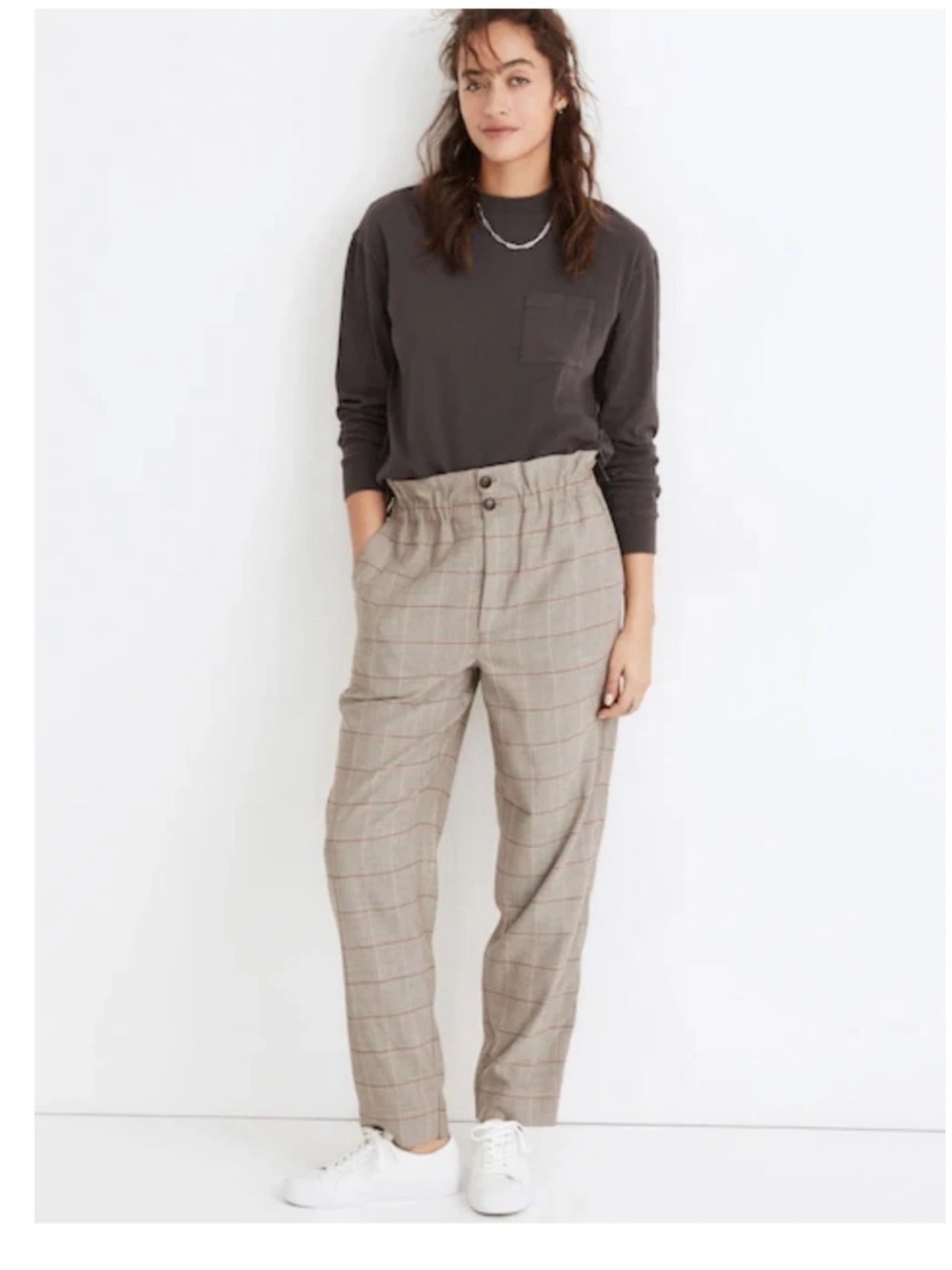 Madewell Paperbag Glen Plaid Tapered High-Rise Trousers Pants